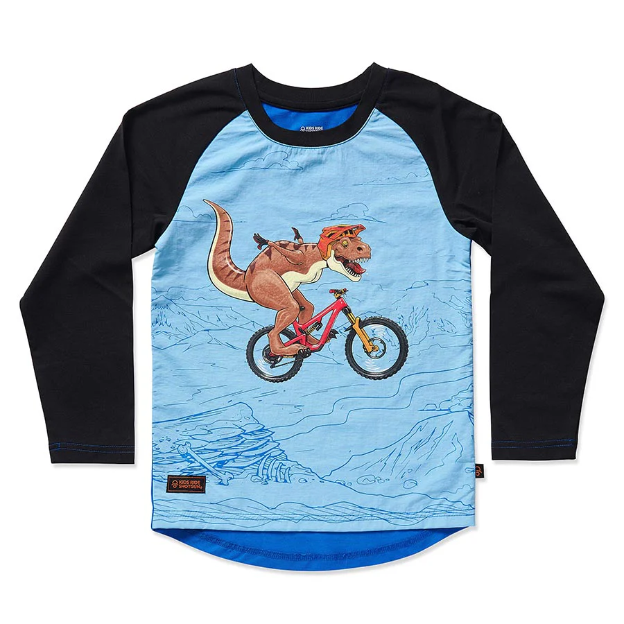Kids Ride Shotgun Windproof Kids MTB Jersey Dino YXS Black & Blue