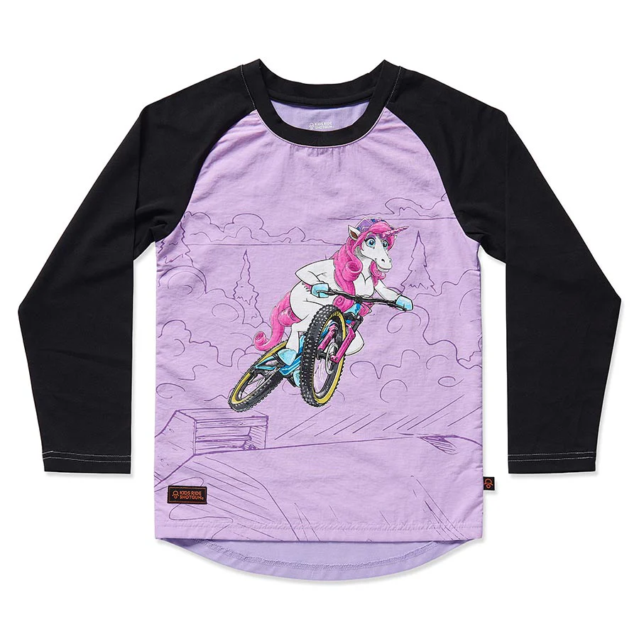 Kids Ride Shotgun Windproof Kids MTB Jersey Unicorn YXXS Pink & Black