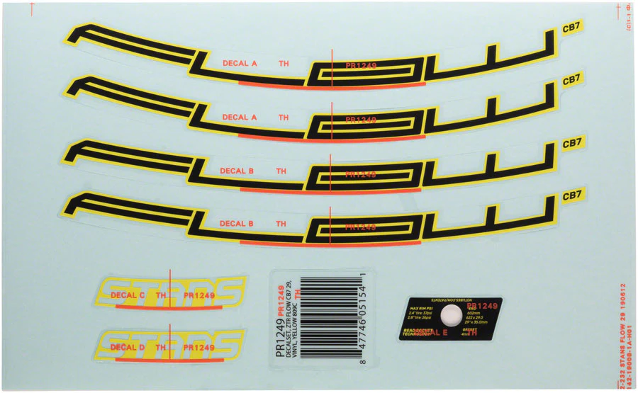 Stan's Flow CB7 Rim Decal - 29" Yellow Set