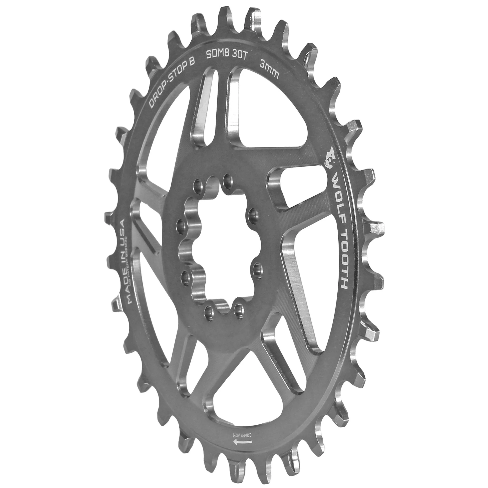Wolf Tooth Direct Mount Chainring - 30t SRAM Direct Mount Drop-Stop B For SRAM 8-Bolt Cranksets 3mm Offset Raw Silver