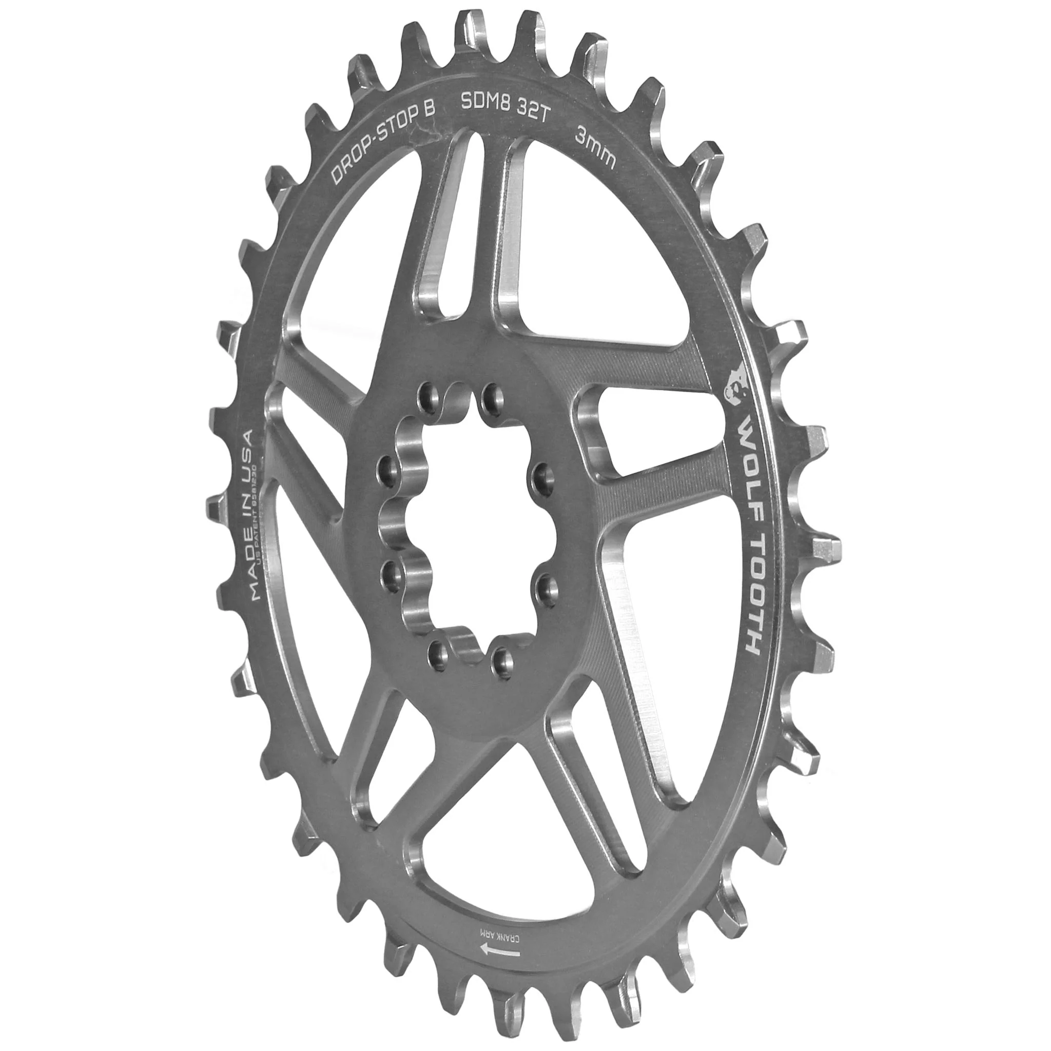 Wolf Tooth Direct Mount Chainring - 32t SRAM Direct Mount Drop-Stop B For SRAM 8-Bolt Cranksets 3mm Offset Raw Silver